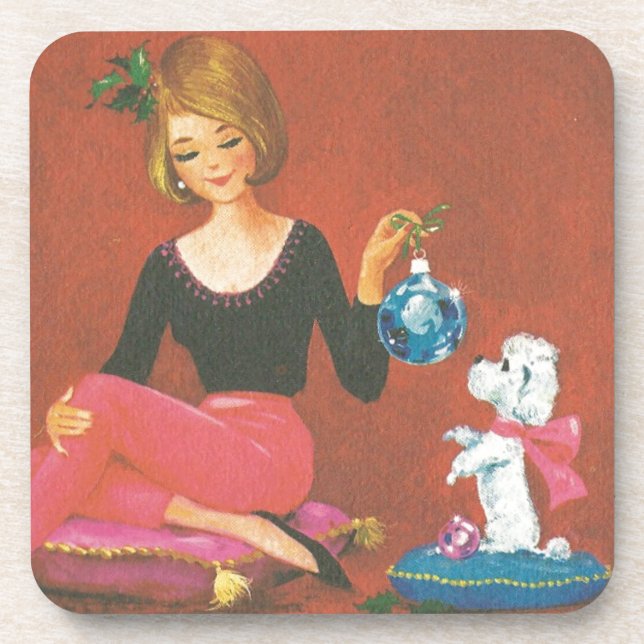 Posavasos Chica navideño vintage con caniche francés (Frente)