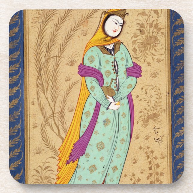 Posavasos Chica que sostiene un buque del vino y una pera, (Frente)