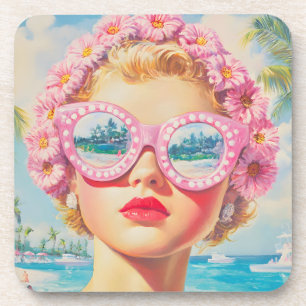 Posavasos Chica Retro Beach con gafas de sol florales