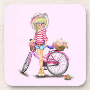 Posavasos Chica rubio con bicicleta rosa y gato en las flore