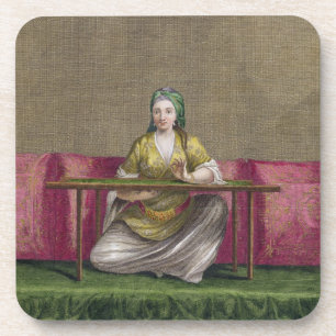 Posavasos Chica turco, bordando, siglo XVIII (engravin