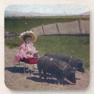 Posavasos Chica Vintage Con Sus Cerdos Mascotas