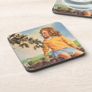 Posavasos Chica Vintage Observando Pájaros en un Árbol, Prim
