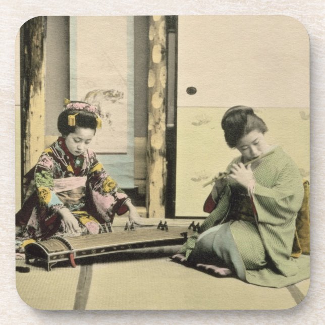 Posavasos Chicas japoneses que juegan la flauta, el "koto" y (Frente)