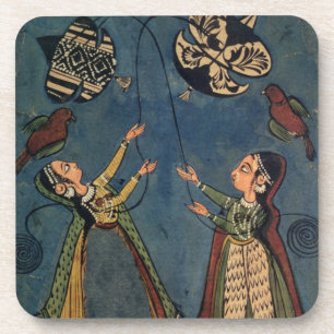 Posavasos Chicas que vuelan las cometas, pintura popular de
