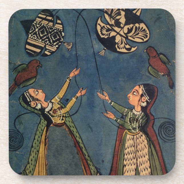 Posavasos Chicas que vuelan las cometas, pintura popular de (Frente)