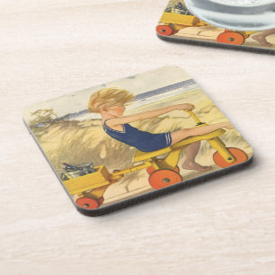 Posavasos Chico Antiguo Jugando en la Playa con Juguetes de 