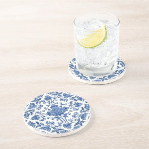 Posavasos Chinoisería Floral Azul Acuarela Blanca