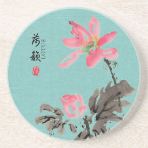 Posavasos Chinoiserie Freehand Watercolor Floral Lotus