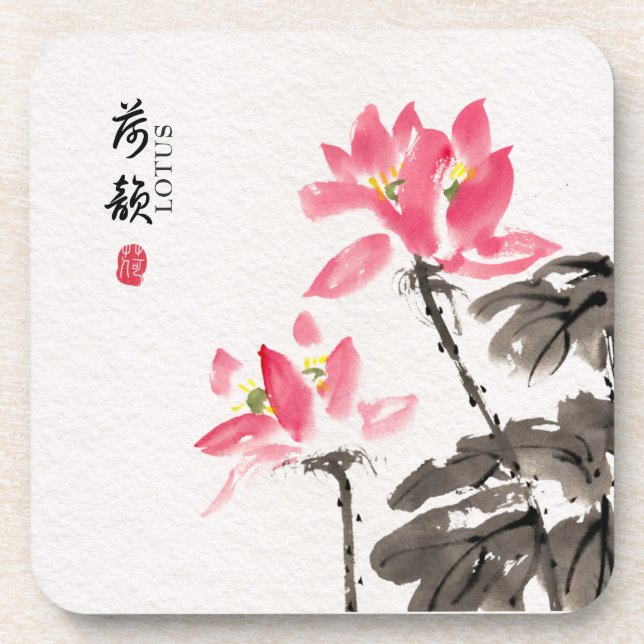 Posavasos Chinoiserie Freehand Watercolor Lotus Flowers (Frente)