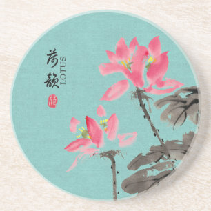 Posavasos Chinoiserie Freehand Watercolor Lotus Flowers