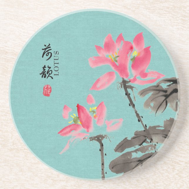 Posavasos Chinoiserie Freehand Watercolor Lotus Flowers (Frente)