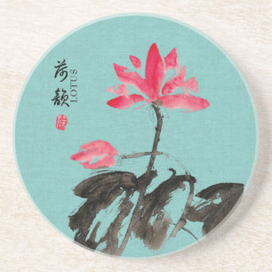 Posavasos Chinoiserie Freehand Watercolor Lotus Flowers