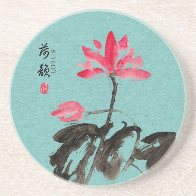 Posavasos Chinoiserie Freehand Watercolor Lotus Flowers (Frente)