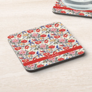 Posavasos Chinoiserie Personalizado Floral Asiático Rosa Azu