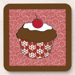 Posavasos Chocolate Cupcake on Red and White Pattern