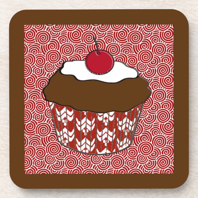 Posavasos Chocolate Cupcake on Red and White Pattern (Frente)