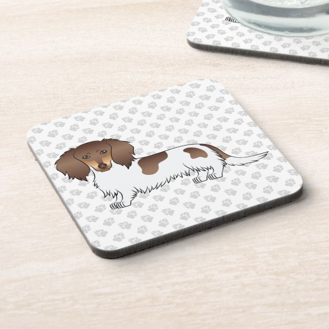 Posavasos Chocolate y Tan Piebald Long Hair Dachshund y Paws (Lado Izquierdo)