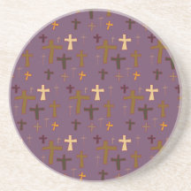 Christian Crosses on Plum Round Coaster