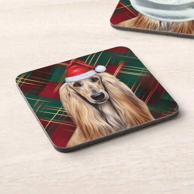 Posavasos Christmas Afghan Hound Dog Red Plaid Holiday (Lado Izquierdo)