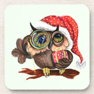 Posavasos Christmas Coaster Baby Owl In Hat and Gift
