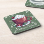 Posavasos Christmas Cup of Hot Chocolate | Green<br><div class="desc">Add a touch of holiday warmth to your table with this festive Green Christmas Cup of Hot Chocolate Coaster, featuring a charming cup of hot chocolate surrounded by holly berries, delicate white snowflakes, and soft falling snow. The phrase Happiest Holidays is elegantly scripted, creating a perfect blend of cozy charm...</div>