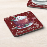 Posavasos Christmas Cup of Hot Chocolate | Red<br><div class="desc">Add a touch of holiday warmth to your table with this festive Red Christmas Cup of Hot Chocolate Coaster, featuring a charming cup of hot chocolate surrounded by holly berries, delicate white snowflakes, and soft falling snow. The phrase Happiest Holidays is elegantly scripted, creating a perfect blend of cozy charm...</div>