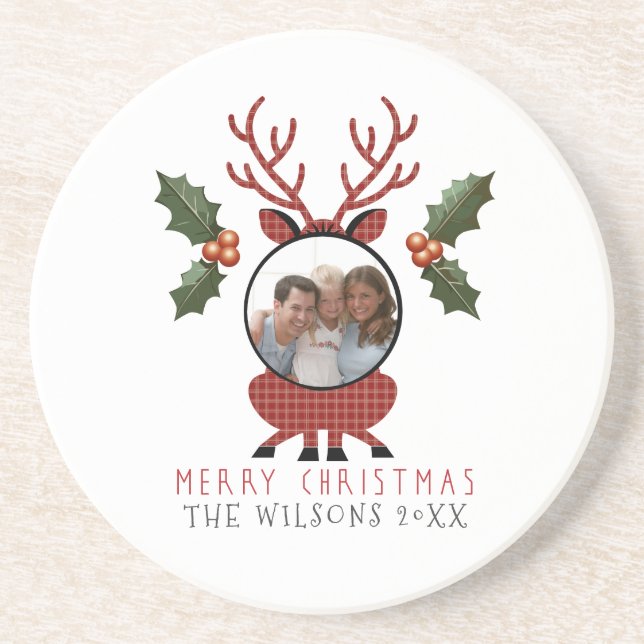 Posavasos Christmas Plaid Reindeer with Personalized Photo (Frente)