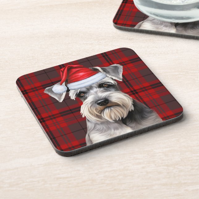 Posavasos Christmas Schnauzer Dog Red Plaid Holiday (Lado Izquierdo)