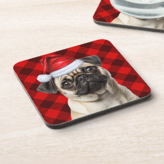 Posavasos Christmas Themed Pug Dog Holiday Buffalo Plaid