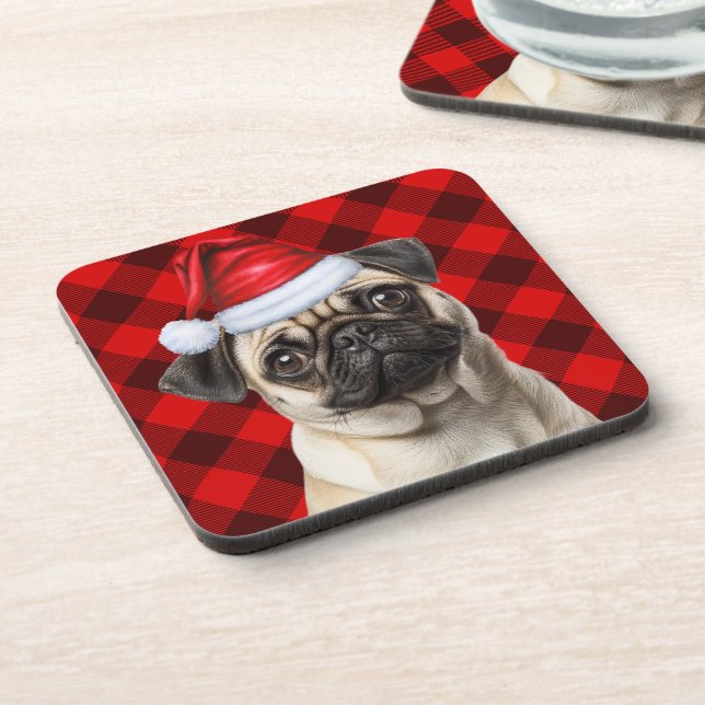 Posavasos Christmas Themed Pug Dog Holiday Buffalo Plaid (Lado Izquierdo)