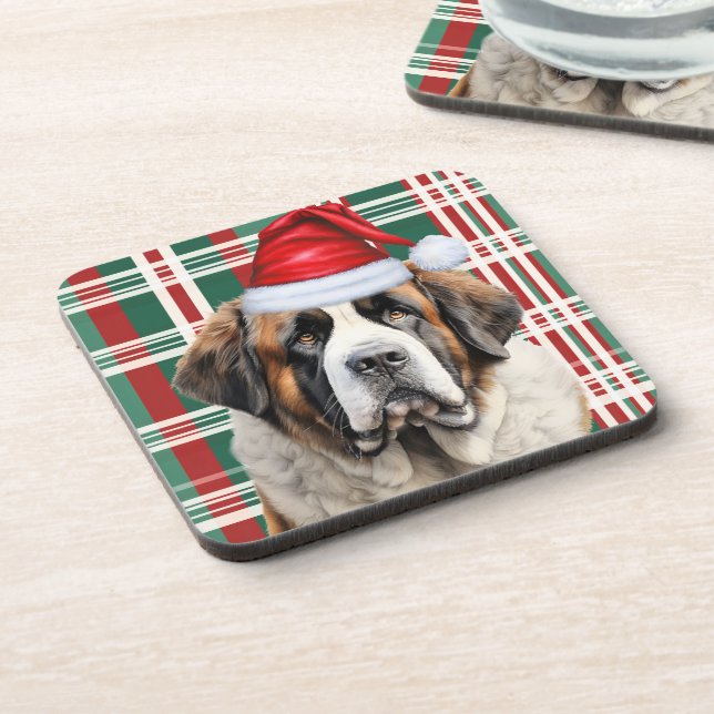 Posavasos Christmas Themed Saint Bernard Dog Holiday Plaid (Lado Izquierdo)