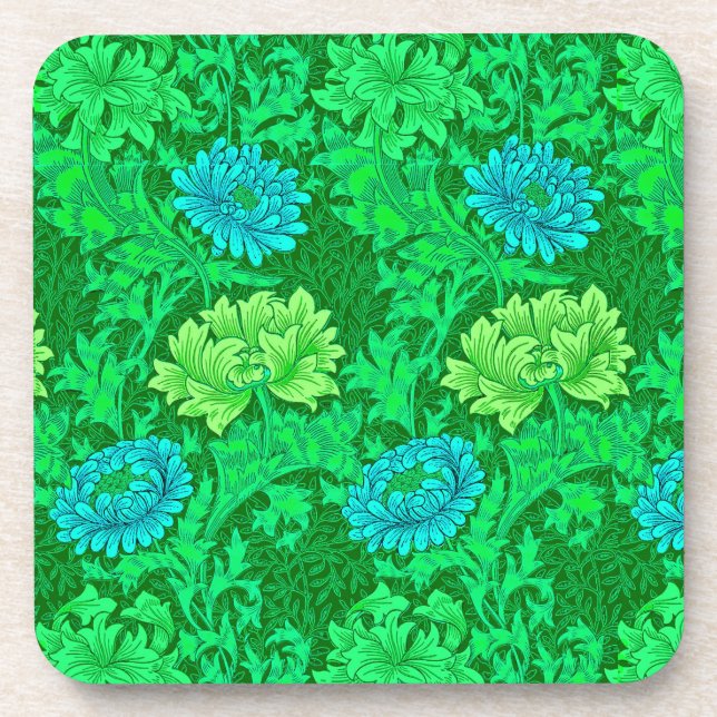 Posavasos Chrysanthemums de William Morris, Lime Green y Aqu (Frente)