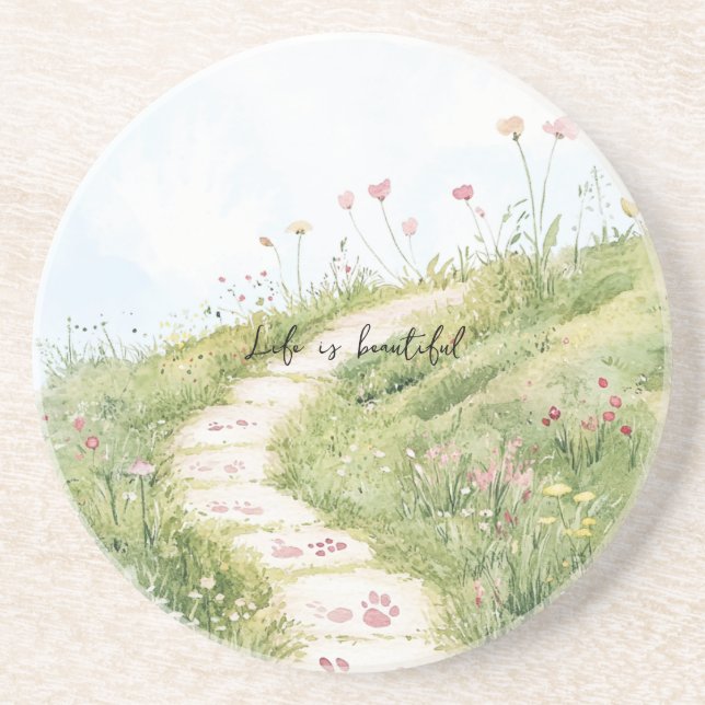 Posavasos Cielos Azules Sendero de Hierba Flores Rosadas (Frente)