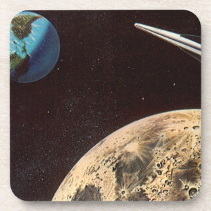 Posavasos Ciencia ficción vintage, barco cohete sobre la lun