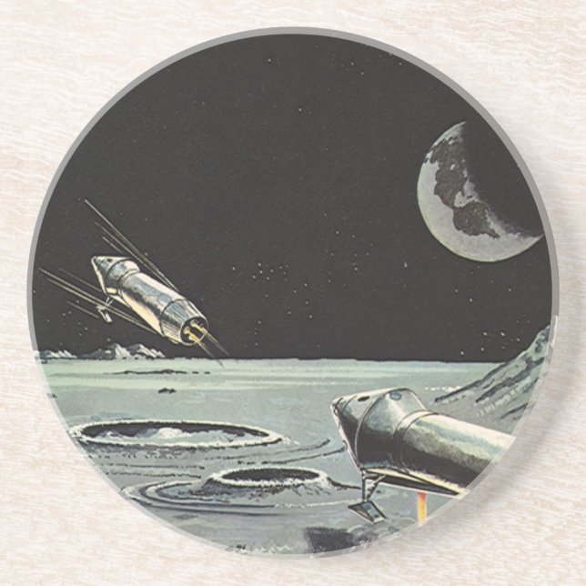 Posavasos Ciencia ficción vintage, cohetes lanzados planetas (Frente)
