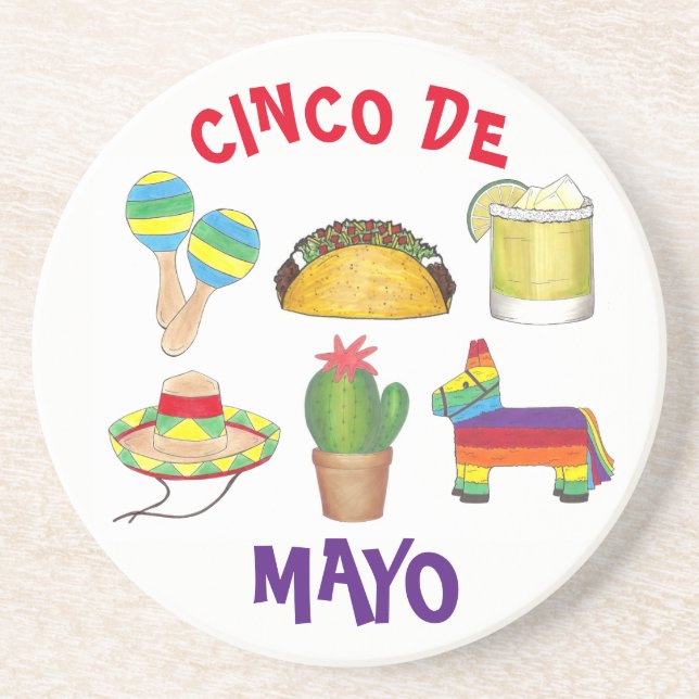 Posavasos Cinco de Mayo Fiesta Pinata Taco Cactus Maracas (Frente)
