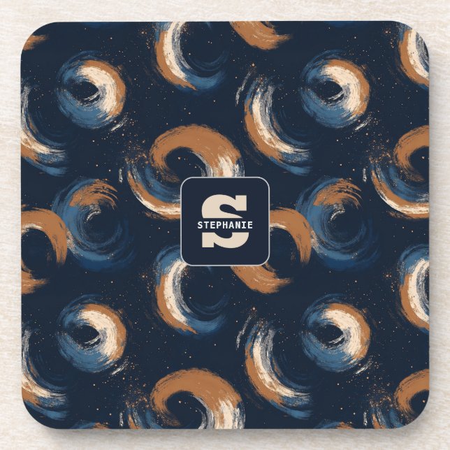 Posavasos Círculo giratorio azul y marrón sobre fondo oscuro (Frente)