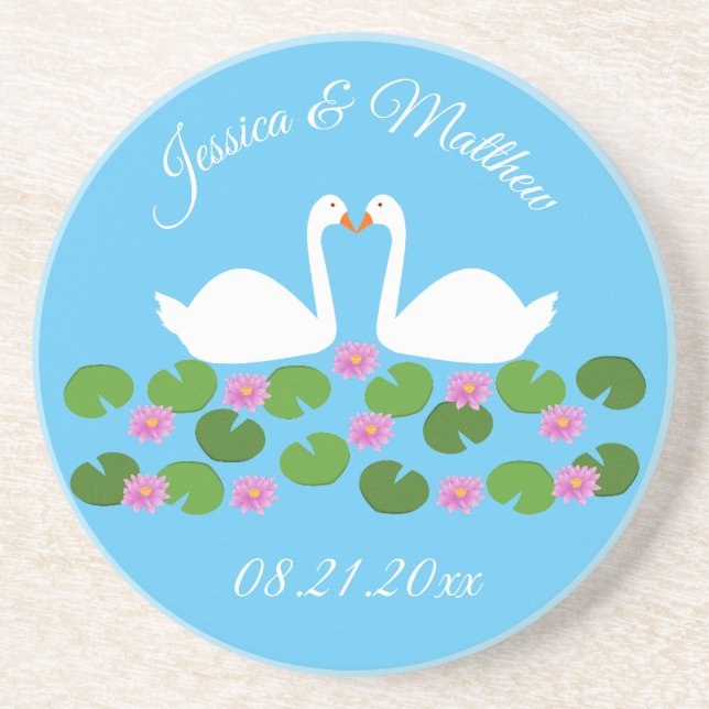 Posavasos Cisnes blancas y nenúfares Bodas Personalizado (Frente)