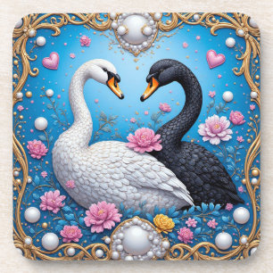 Posavasos Cisnes de boda enmarcados con oro y flores