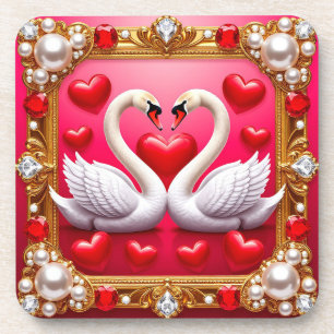 Posavasos Cisnes de boda romántica enmarcados por joyas orna