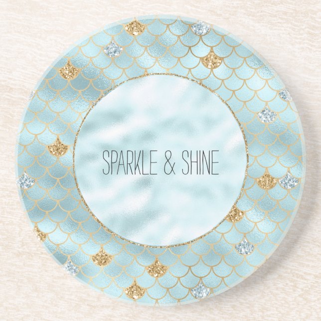 Posavasos Cita de la sirena del Purpurina azul Girly Gold Aq (Frente)