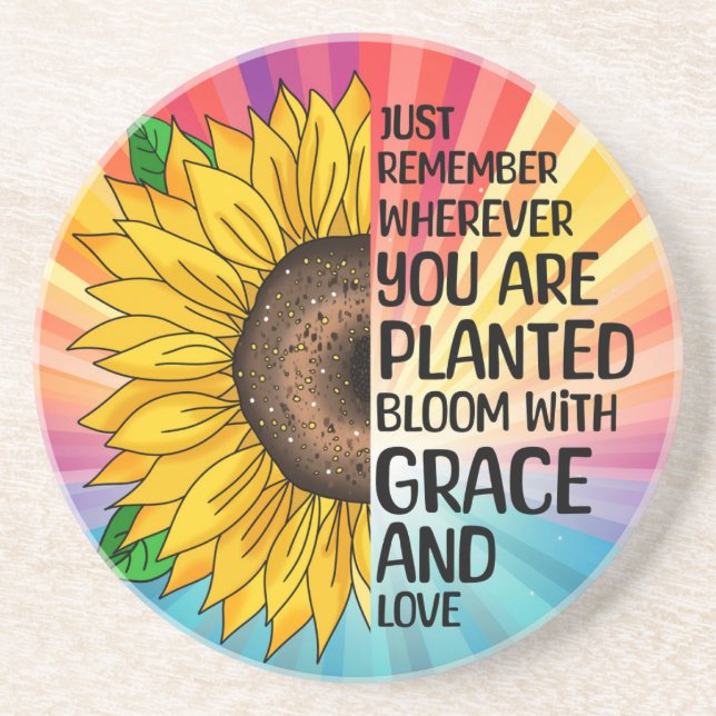 Posavasos Cita inspiradora y girasol dibujado a mano (Frente)