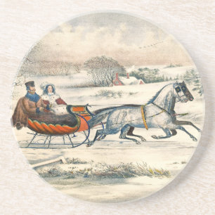 Posavasos Clásico Paseo en Trineo 1853 Currier Ives Camino I