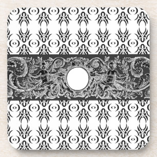 Posavasos Clásico patrón barroco blanco negro a personalizar