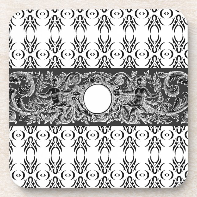Posavasos Clásico patrón barroco blanco negro a personalizar (Frente)
