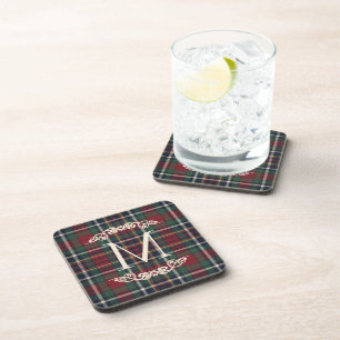 Posavasos Clásico Patrón de Cuadro Escocés Rojo Oscuro Azul