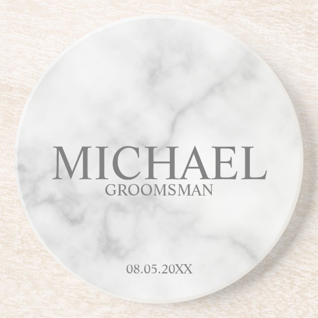 Posavasos Clásicos Groomsmen Personalizados de Mármol Blanco (Frente)