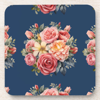 Posavasos Classic Pink Roses Floral on a Blue Background