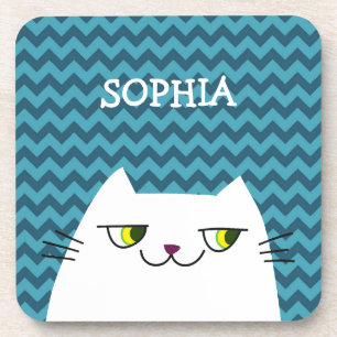 Posavasos Coaster de gato Monograma Chevron Azul Lindo